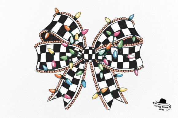 Checkered Coquette Christmas Lights Bow: A Festive Design Asset