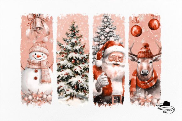 Retro Pink Christmas Tree Santa Snowman