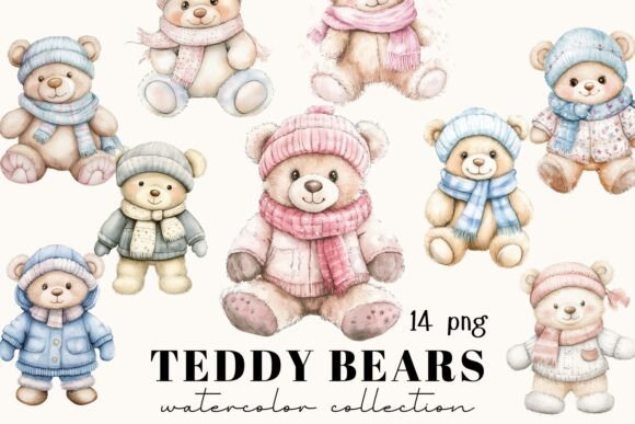 Watercolor Winter Teddy Bear Clipart: Charming Design Assets